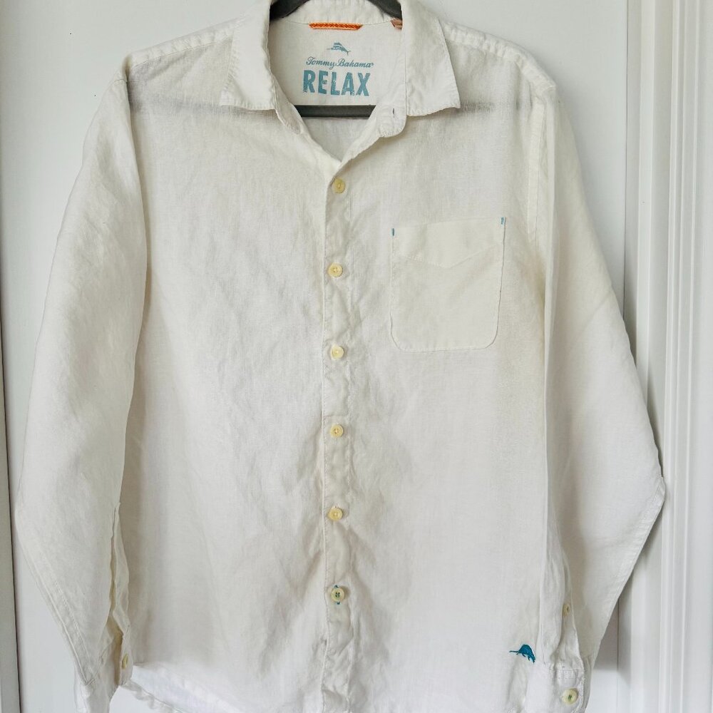 Tommy Bahama‎ Men's White Linen Shirt Large Coastal Resort Beach Vacation Style
